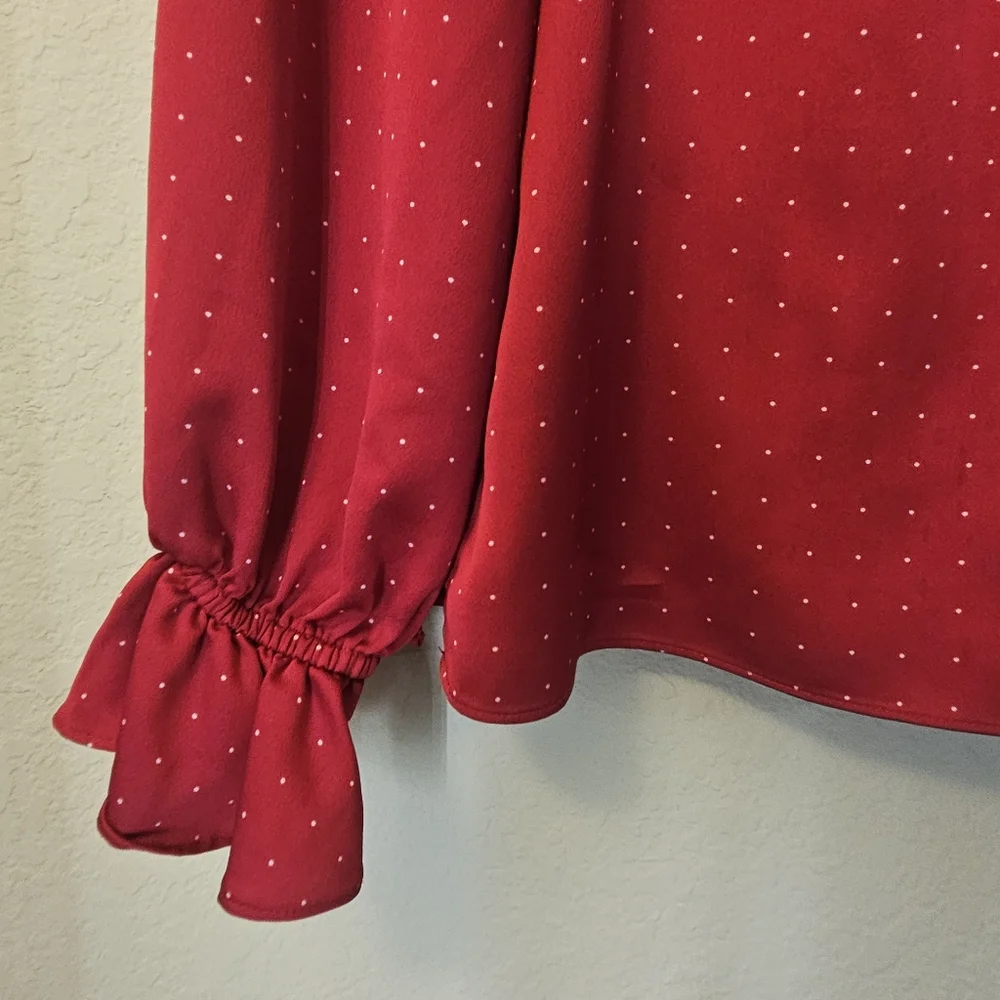 J. Crew Blouse‎ Womens Large Red White Polka Dot Ruffle Sleeve High Low Hem